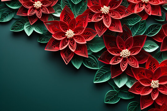 Christmas Red Poinsettia Flower Paper Cut Style Pattern With Copy Space On A Green Background