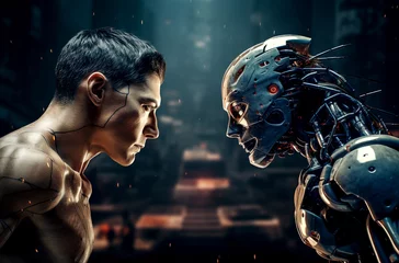 Foto op Plexiglas Human vs Ai,  A man fights with Ai robot, artificial intelligence threat © Pixel Mahabub