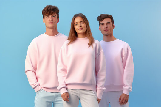 Close-up portrait of a young trio, men and women warmly embracing in a studio setting, in cozy athletic sweaters, creating an endearing snapshot of their camaraderie. Generative AI.