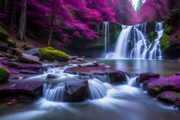 waterfall in the mountains with pink flowers generated by AI tool