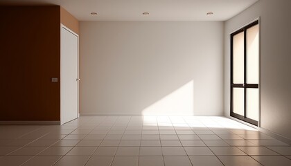 Empty room with open door and window. 3D rendering. Mock up.