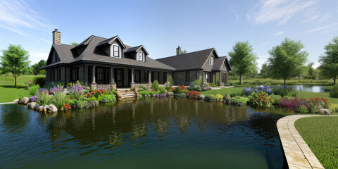 Obraz premium Scenic nature village environment spring summer landscape photorealistic