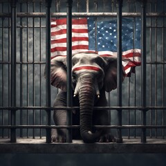 Generative AI Illustration of an Elephant sitting in a dark jail cell behind bars with an American flag hanging on the wall.