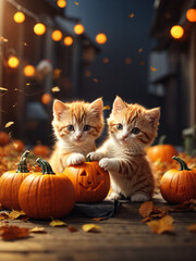 orange little cats with halloween pumpkins