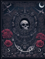 Graphic template inspired by Ouija Board. skeleton skull with crow and roses surrounded by moon and stars texts and alphabet. Gothic typography. Ghosts and demons calling game.