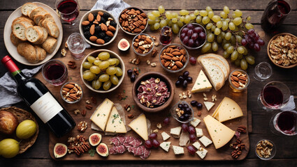 Mid-summer picnic with wine and snacks. Flat-lay of charcuterie and cheese board, rose wine, nuts, olives over wooden table background, top view. Family, friends holiday gathering