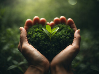 Taking care of the environment, person holding a growing plant, heart shape, love.