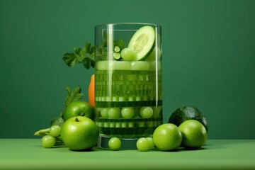 Fresh green fruits, vegetables, and herbs. Preserved and pickled garden products showcased in a minimalist, symmetrical monochrome setting