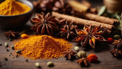 Wooden table of colorful spices, star anise