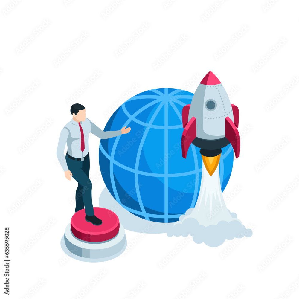 Poster isometric man presses a button and a rocket takes off in color on a white background, startup or bus