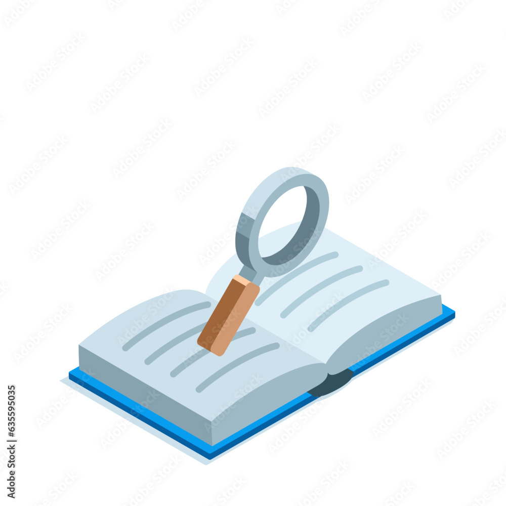 Poster isometric icon of an open book and a magnifier in color on a white background, reading or library