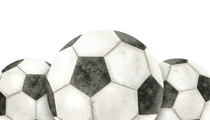 Soccer balls. Football balls. Watercolor hand drawn illustration. Isolated. Sports equipment. For football club, sporting goods stores, poster and postcard design
