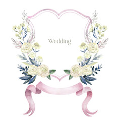 Watercolor Crest with Rose Flowers on the white Background. Wedding Design.