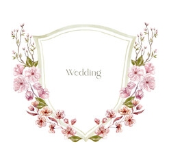 Fototapeta na wymiar Watercolor Crest with Cherry Flowers on the white Background. Wedding Design.