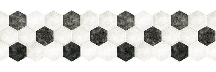 The pattern of a soccer ball. Watercolor seamless border. Black and white hexagons. Isolated. For football club, sporting goods stores, poster and postcard design