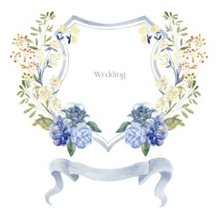 Watercolor Crest with Peony Flowers on the white Background. Wedding Design.