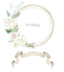 Watercolor Frame with Flowers on the white Background. Wedding Design.