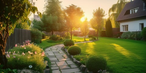 Beautiful manicured lawn and flowerbed with deciduous shrubs on private plot and track to house against backlit bright warm sunset evening light on background. Soft focusing in, Generative AI