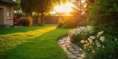 Fototapeta premium Beautiful manicured lawn and flowerbed with deciduous shrubs on private plot and track to house against backlit bright warm sunset evening light on background. Soft focusing in, Generative AI