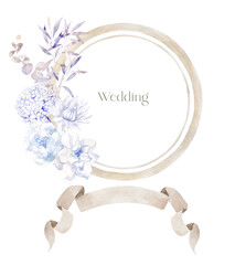 Watercolor Frame with Flowers on the white Background. Wedding Design.