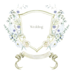 Watercolor Crest with white Flowers on the white Background. Wedding Design. - 635596019