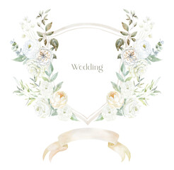 Watercolor Crest with white Flowers on the white Background. Wedding Design.