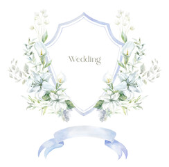 Watercolor Crest with white Flowers on the white Background. Wedding Design. - 635596080