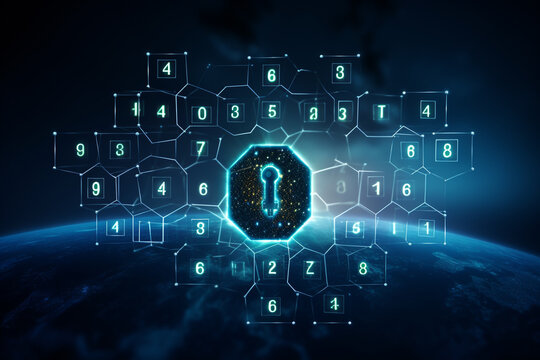 Global net security and blockchain network concept with digital blue padlocks in hexagonal grid on dark background with coding numbers and world map. High quality photo