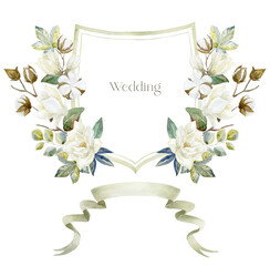 Watercolor Crest with Magnolia Flowers on the white Background. Wedding Design.