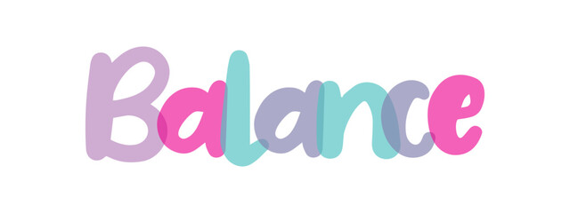 Balance banner typography background sign, label, sticker, text design, pink, purple, lilac, blue, white background, tag