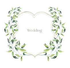 Watercolor Crest with green Leaves on the white Background. Wedding Design. - 635596282