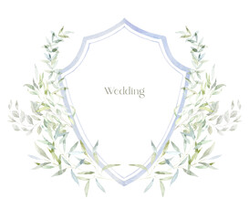 Watercolor Crest with green Leaves on the white Background. Wedding Design.