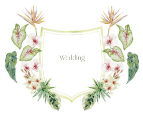 Watercolor Crest with Orchid Flowers on the white Background. Wedding Design. - 635596620