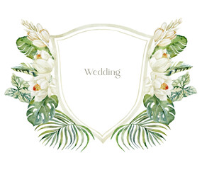 Watercolor Crest with white Flowers on the white Background. Wedding Design. - 635596651