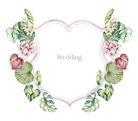 Watercolor Crest with red Flowers on the white Background. Wedding Design. - 635596815