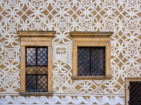 Hunting Renaissance castle Doudleby nad Orlici, a popular destination for tourists. Detail of sgraffito decoration with windows