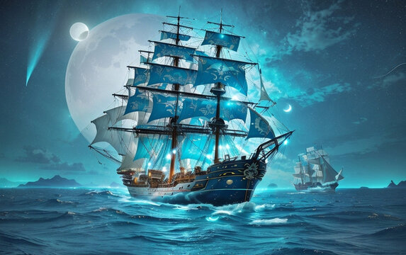 Envision a captivating scene of a mystic pirate ship adrift on the enchanting turquoise waters of a magical realm. Image created using artificial intelligence.