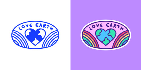 Love earth planet with rainbow, illustration for logo, t-shirt, sticker, or apparel merchandise. With doodle, retro, groovy, and cartoon style.