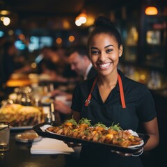 Smiling restaurant waiter with food tray. Generative AI