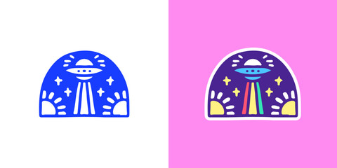 Spaceship, rainbow, and sunflower, illustration for logo, t-shirt, sticker, or apparel merchandise. With doodle, retro, groovy, and cartoon style.