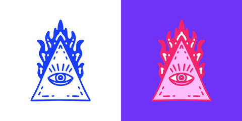Burning pyramid with one eye symbol, illustration for logo, t-shirt, sticker, or apparel merchandise. With doodle, retro, groovy, and cartoon style.
