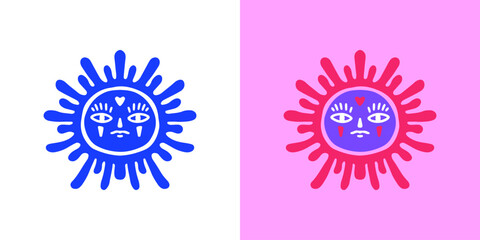 Ancient sun, illustration for logo, t-shirt, sticker, or apparel merchandise. With doodle, retro, groovy, and cartoon style.