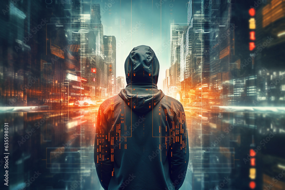 Aufkleber double exposure image of an anonymous hacker in a hoodie in the night in the city of data. high qual