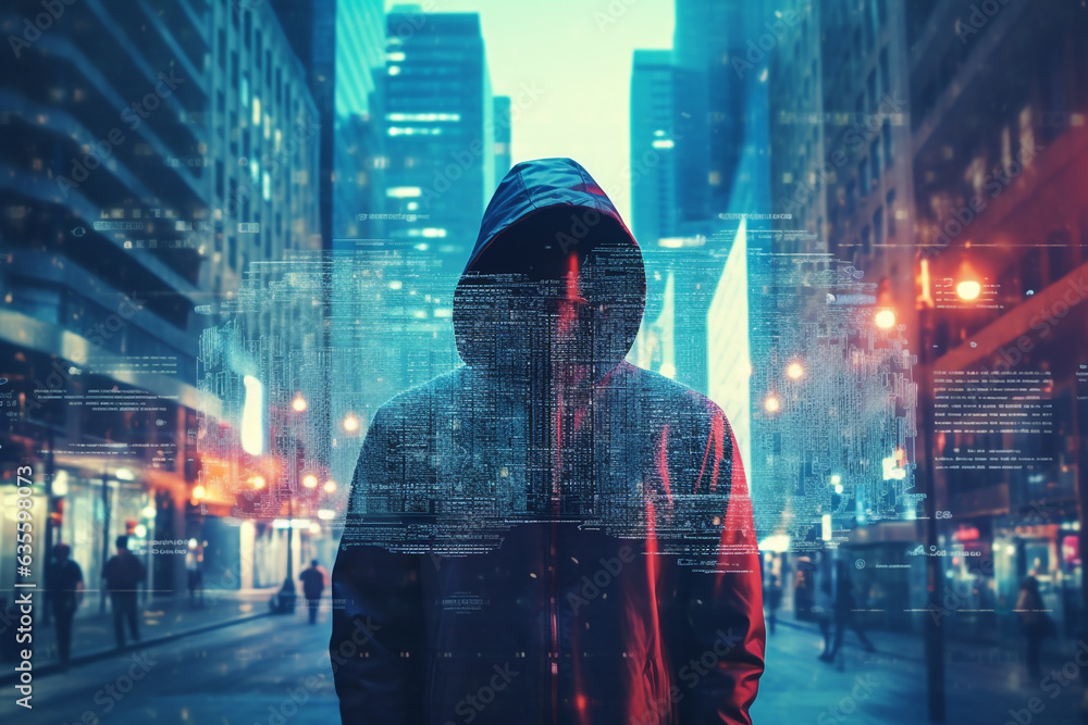 Aufkleber double exposure image of an anonymous hacker in a hoodie in the night in the city of data. high qual