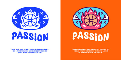 Burning basketball with passion typography, illustration for logo, t-shirt, sticker, or apparel merchandise. With doodle, retro, groovy, and cartoon style.