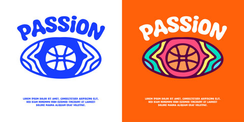Basketball emblem with passion typography, illustration for logo, t-shirt, sticker, or apparel merchandise. With doodle, retro, groovy, and cartoon style.