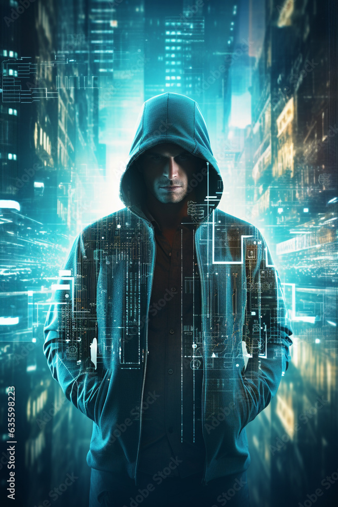 Aufkleber double exposure image of an anonymous hacker in a hoodie in the night in the city of data. high qual