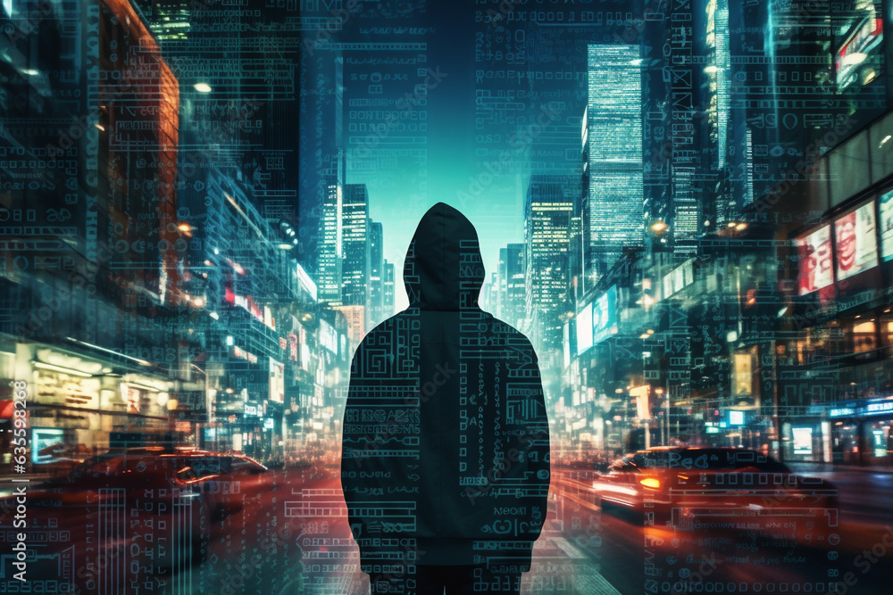 Aufkleber double exposure image of an anonymous hacker in a hoodie in the night in the city of data. high qual