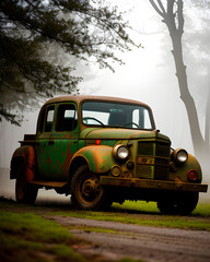 Obraz premium old generic car in a foggy field