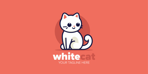Adorable Hand-Drawn Illustration: Cute Kawaii White Cat Mascot Cartoon Logo Design Icon Character for Pet Store, Pet Shop, Toys, Food, and Every Imaginable Category of Business